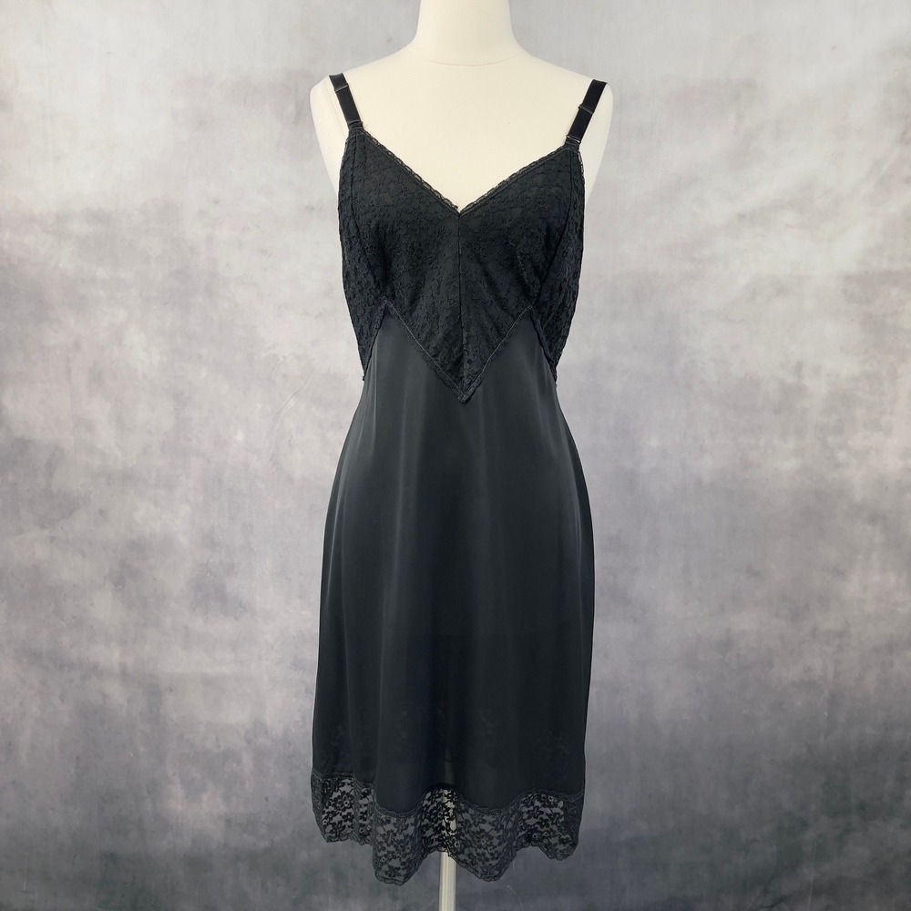 Vintage Seamprufe Slip Dress Women 36 Black Lace Silky Lingerie Dollette Whimsy